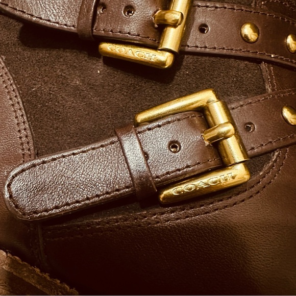 Coach Lillianna Suede & Leather Detail Studded Buckle Boots in Brown (Size 8B) - Picture 7 of 12